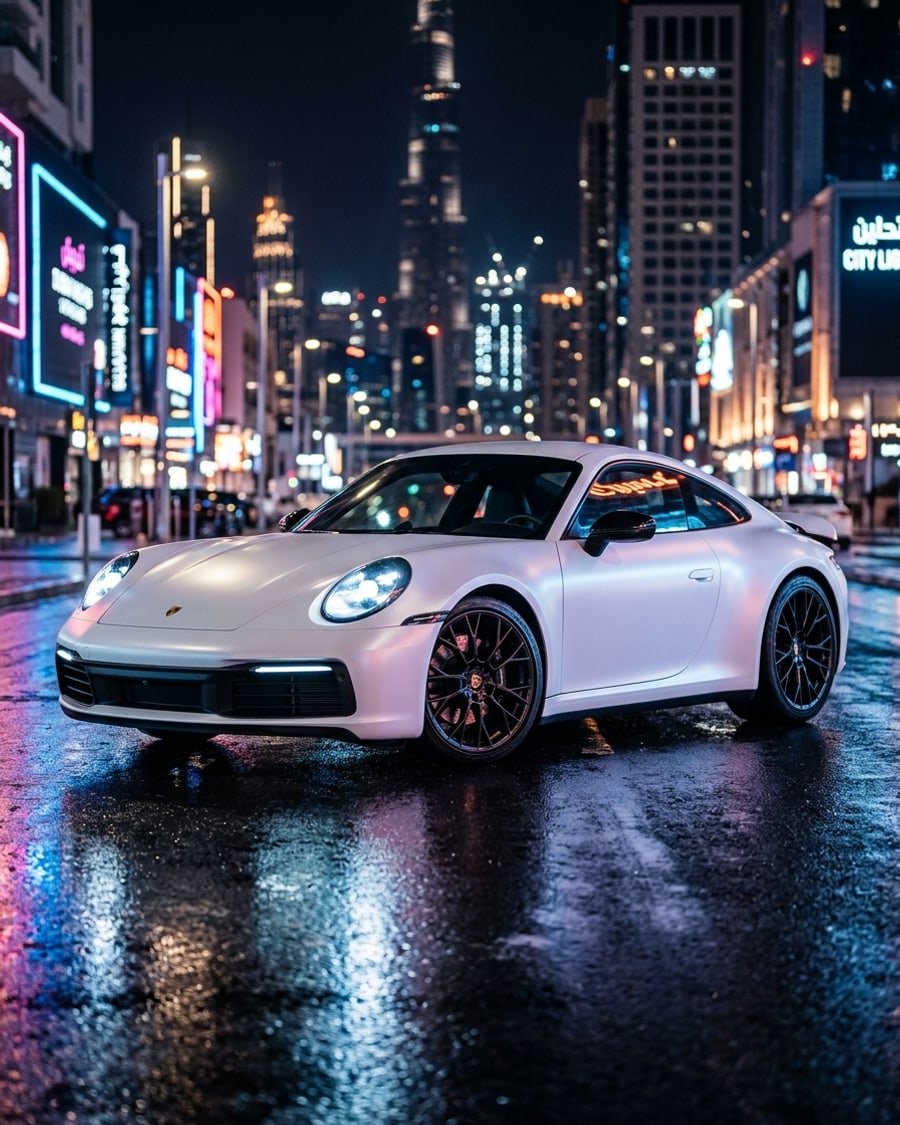 A 911 in a satin frozen white wrap on a wet neon street at night, rendered by render360