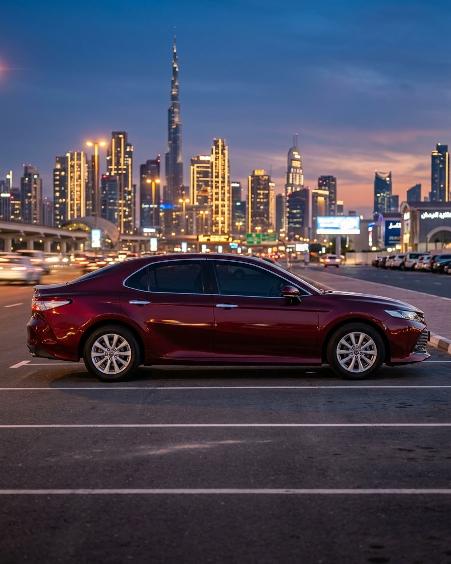A Camry in a gloss burgundy wrap on Sheikh Zayed Road at dusk, rendered by render360
