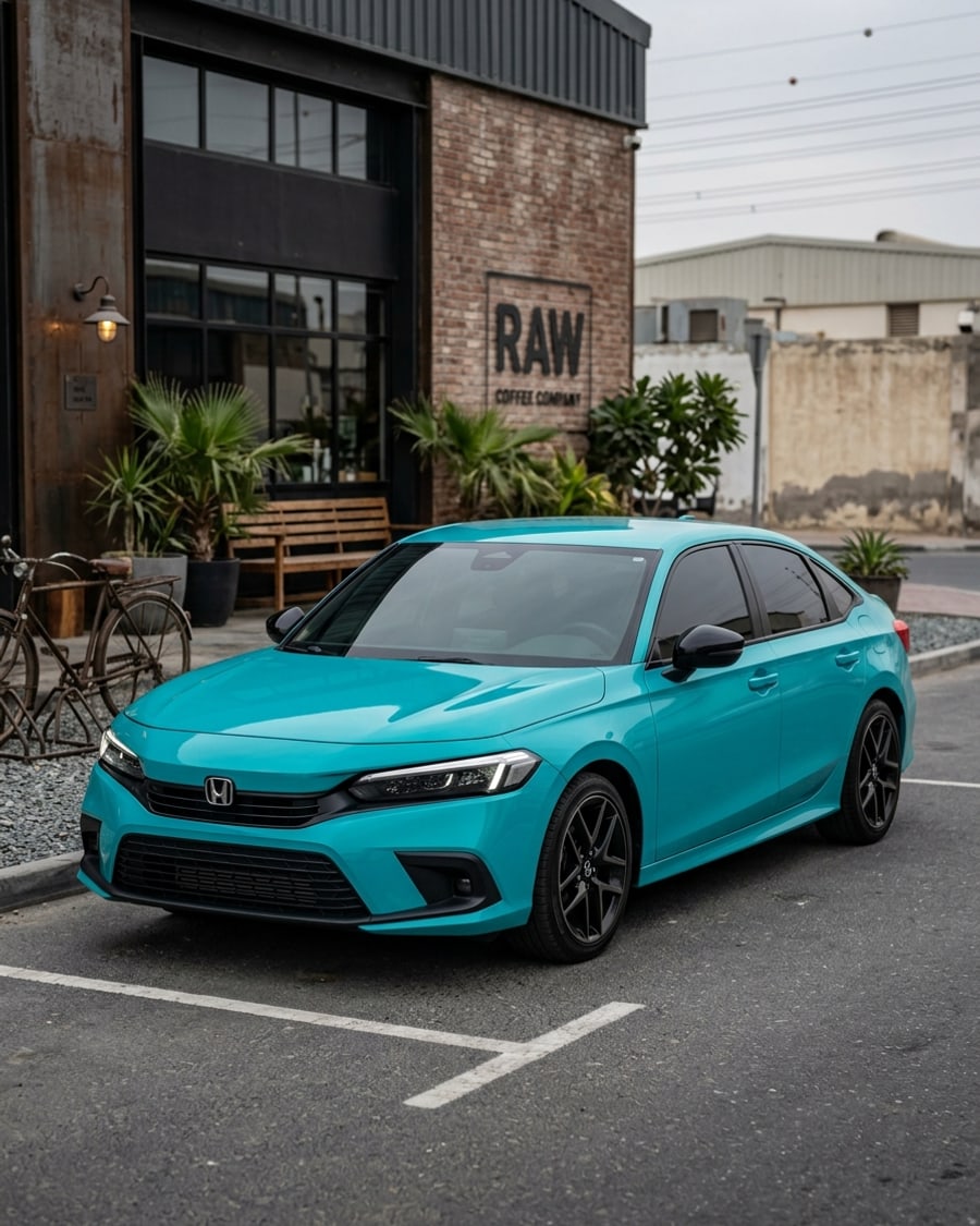 A Civic in an exact teal gloss wrap outside a coffee shop, rendered by render360