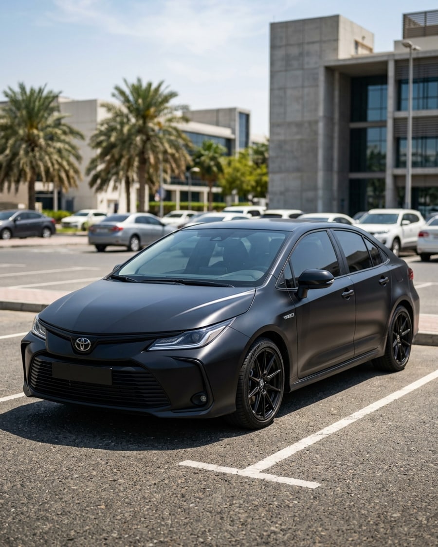 A Corolla in a satin black wrap with black forged wheels in a campus car park, rendered by render360