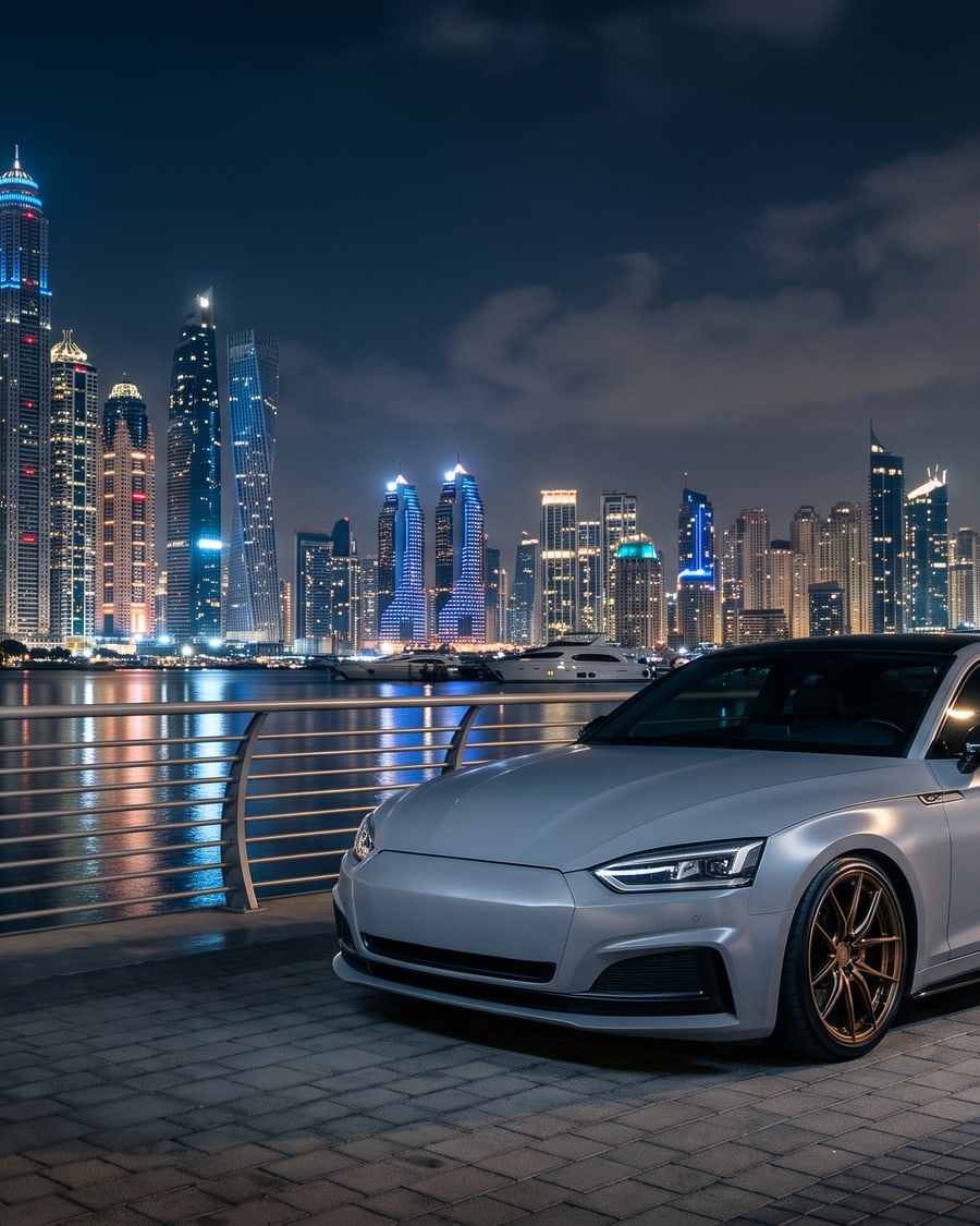 A sports coupé in a satin Nardo grey wrap on bronze wheels at Dubai Marina at night, rendered by render360