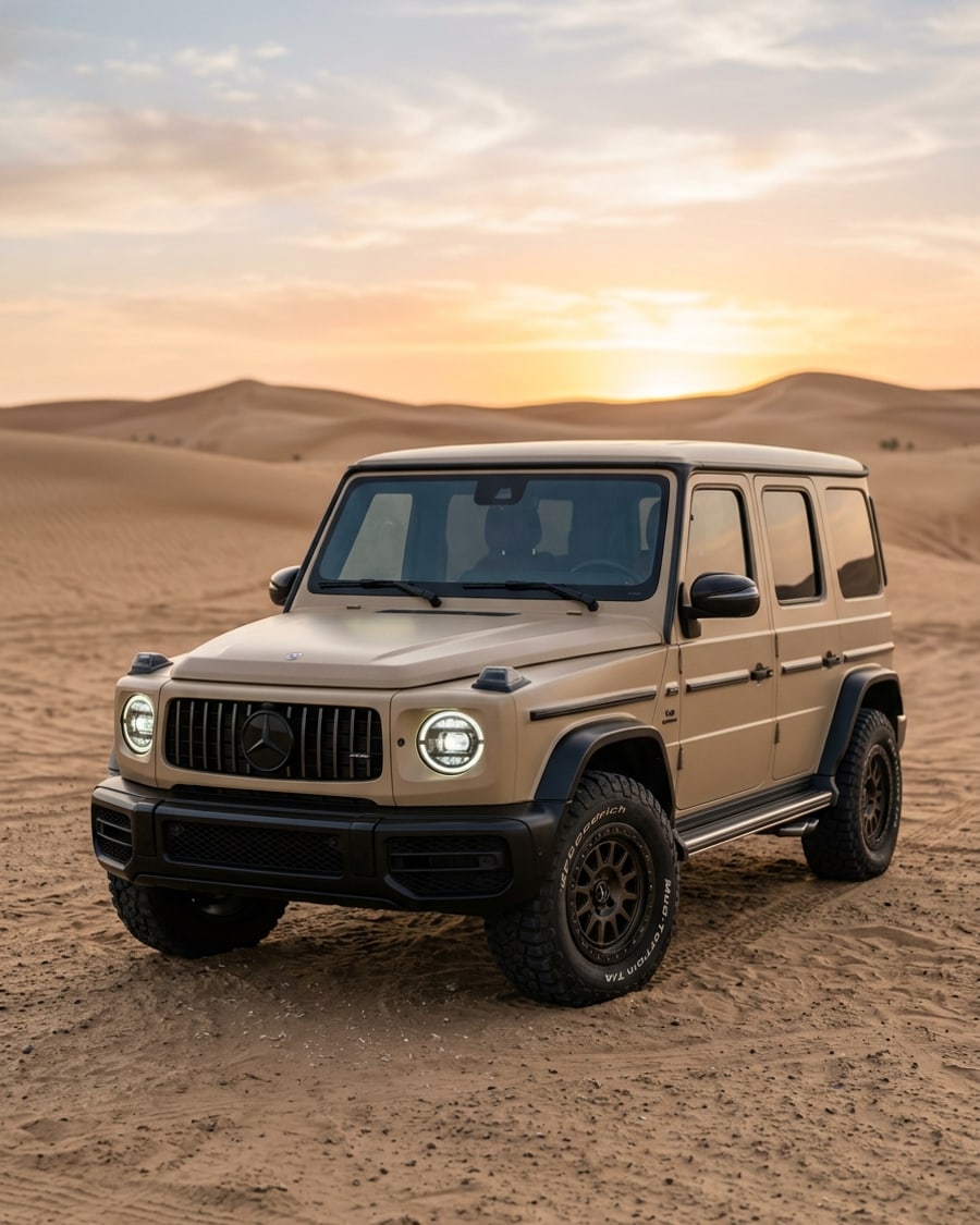 A G-Class in a satin desert sand wrap on Al Qudra sand at sunrise, rendered by render360