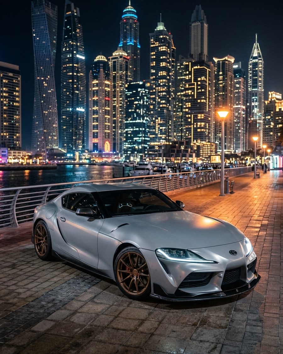 A GR Supra in a satin Nardo grey wrap with bronze forged wheels at the Marina, rendered by render360