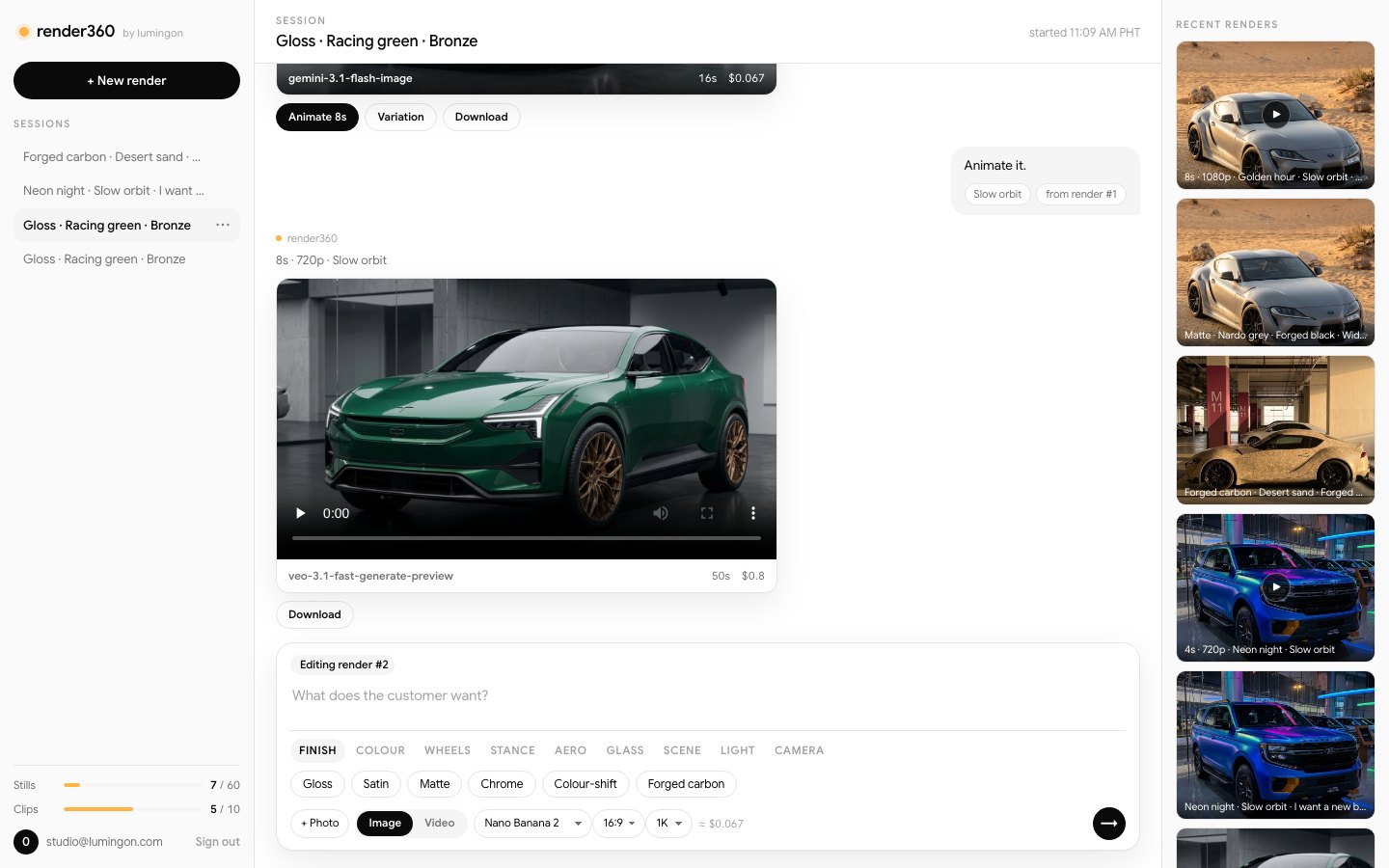The render360 studio: a session with a rendered racing-green car, the chips tray and a gallery of recent renders