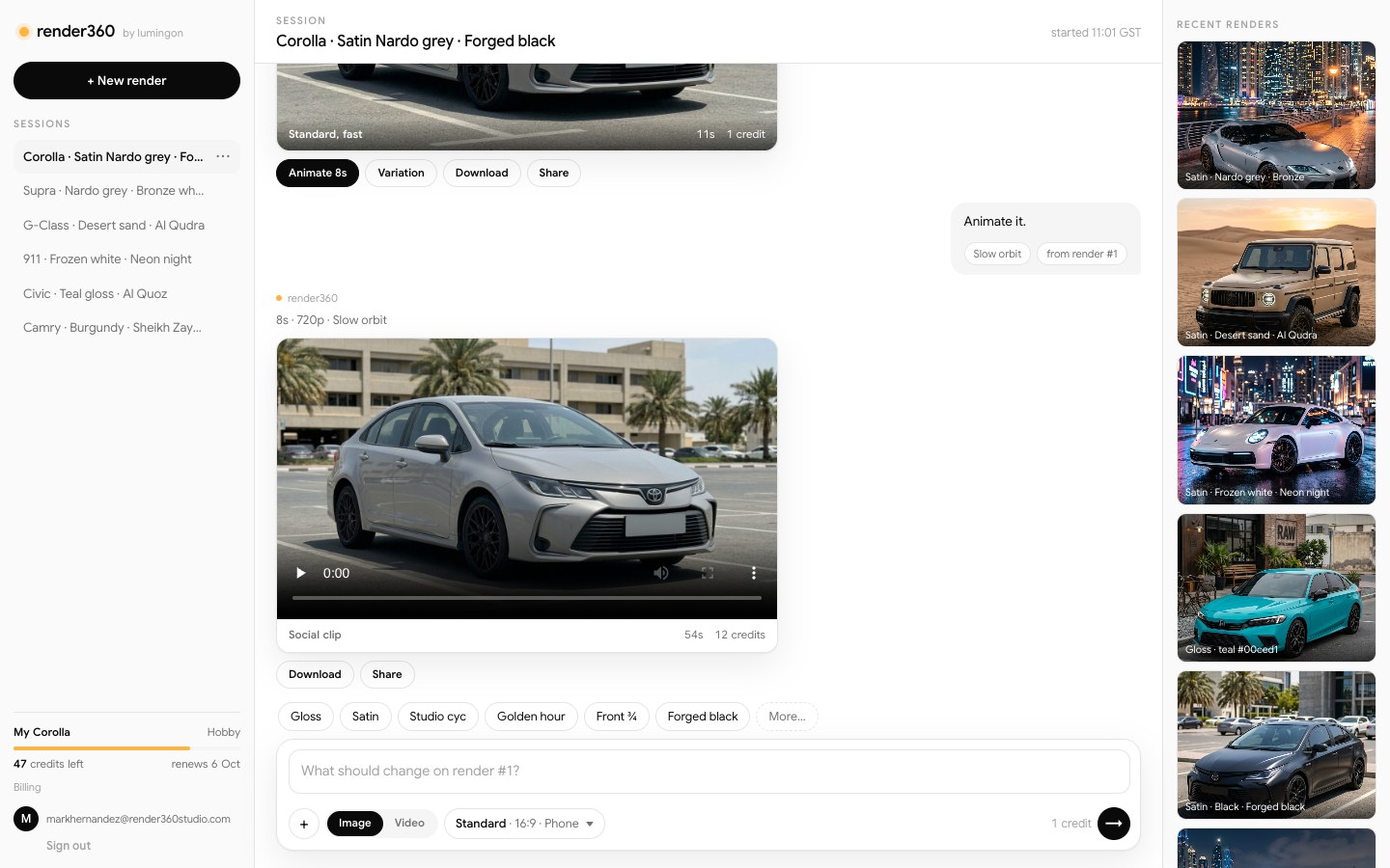 The render360 studio: a phone photo of a Corolla, its satin Nardo grey render, an eight-second clip, the composer and a rail of recent renders